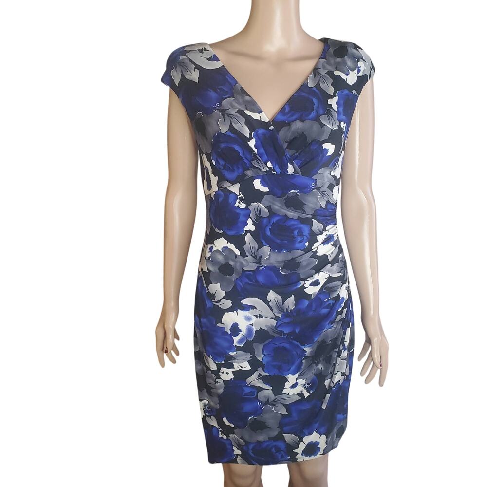 LRL Ralph Lauren Size 6 Dark Blue Floral Jersey Moc Empire Dress Office